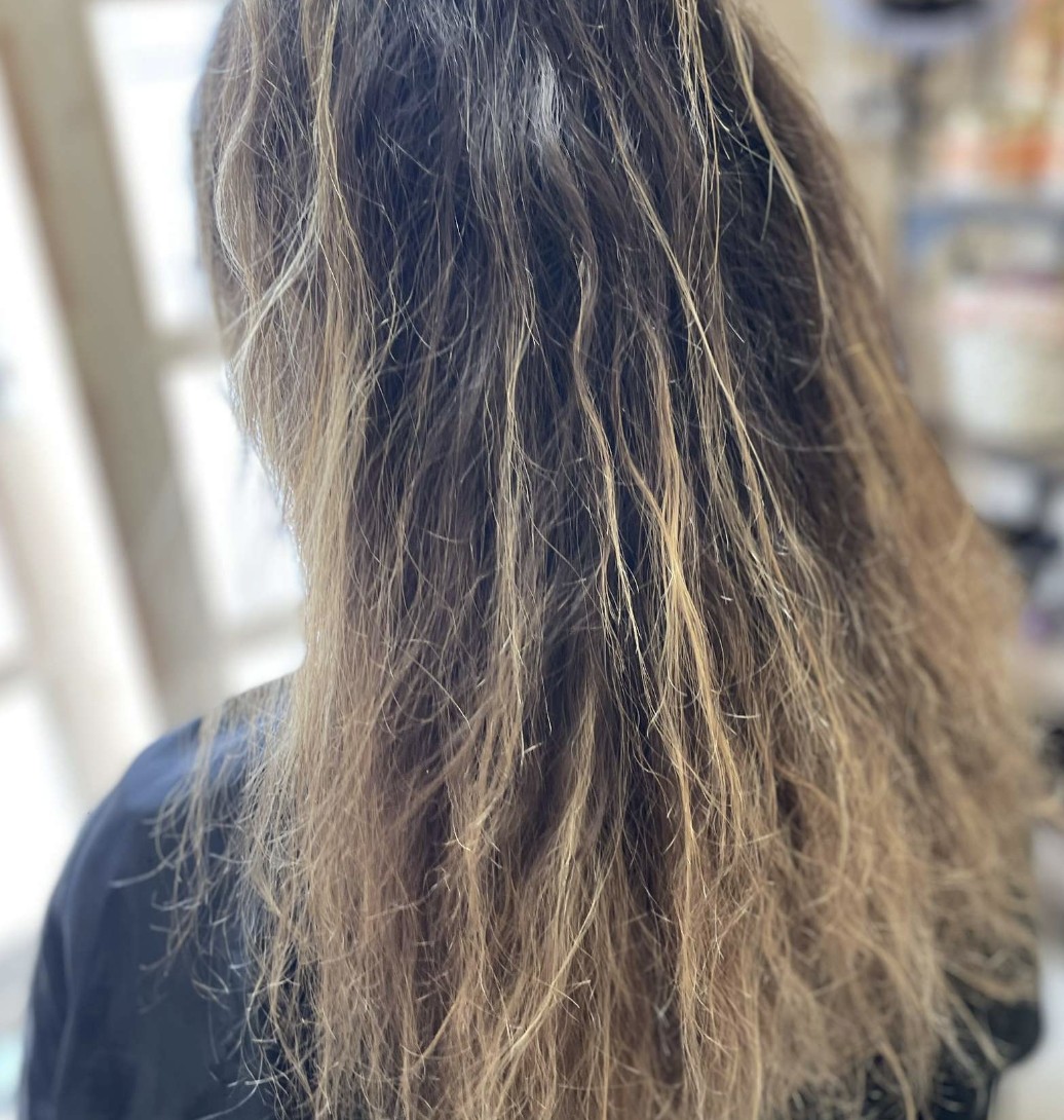 Avant le soin, cheveux frisés et abîmés